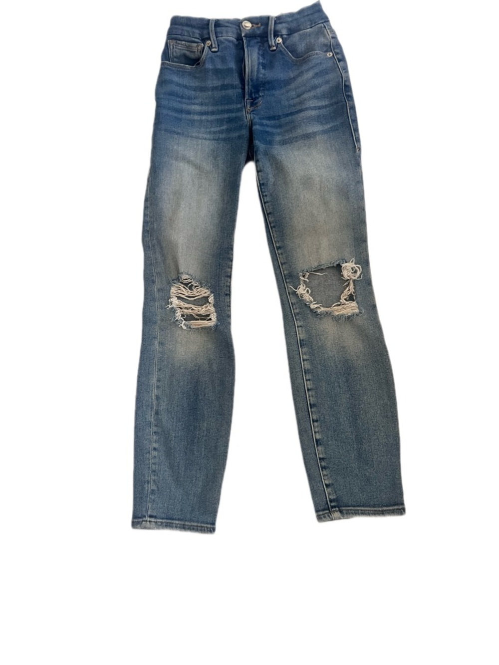Good American Distressed Straight Leg Jeans in Blue Wash